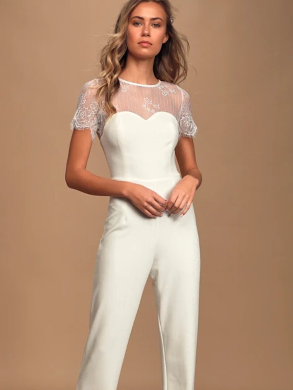 Lulus Take My Heart White Lace sweetheart bodice Short Sleeve Jumpsuit XS